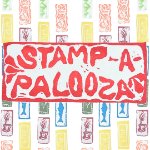 Repeating images of small stamps featuring items like a coffee cup, fish, mountains, butter, and fruits. Over it are the stamped words "Stamp-A-Palooza". on April 8, 2026